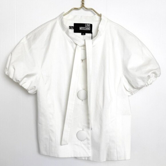 LOVE MOSCHINO white blouse stand-up collar Puffed short sleeves tree buttons 6 - Picture 1 of 9